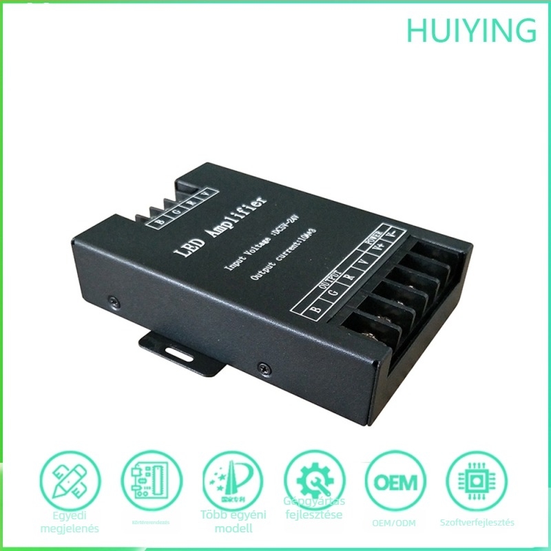 RGB LED szalag jelző erősítő, vas ház, 5–24V, IP20, csavaros terminál, vezérlés kontrollerrel