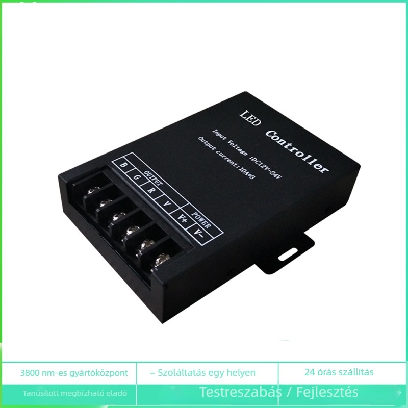 RGB LED szalag jelző erősítő, vas ház, 5–24V, IP20, csavaros terminál, vezérlés kontrollerrel