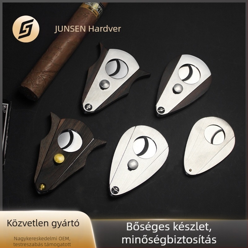 Szivarvágó fa nyéllel, matt rozsdamentes acél, ventilátor alakú design, zárómechanizmus, kézzel készült