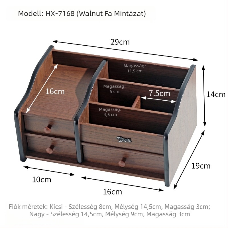 Fából készült asztali tároló doboz, 5 rekesszel, távirányítók, kozmetikumok és irodai kellékek számára — Modell HX-7168