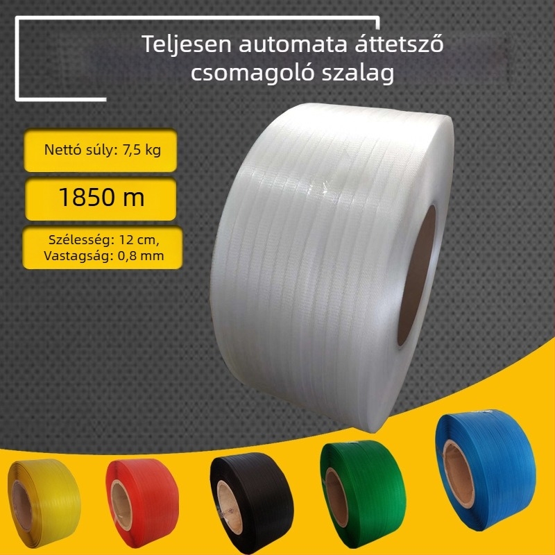 Géphez való csomagoló szalag, teljesen automata gépekhez, 0,8 mm vastagság, húzóerő 120 kg, tekercs súlya 10 kg, kartondobozok külső csomagolására