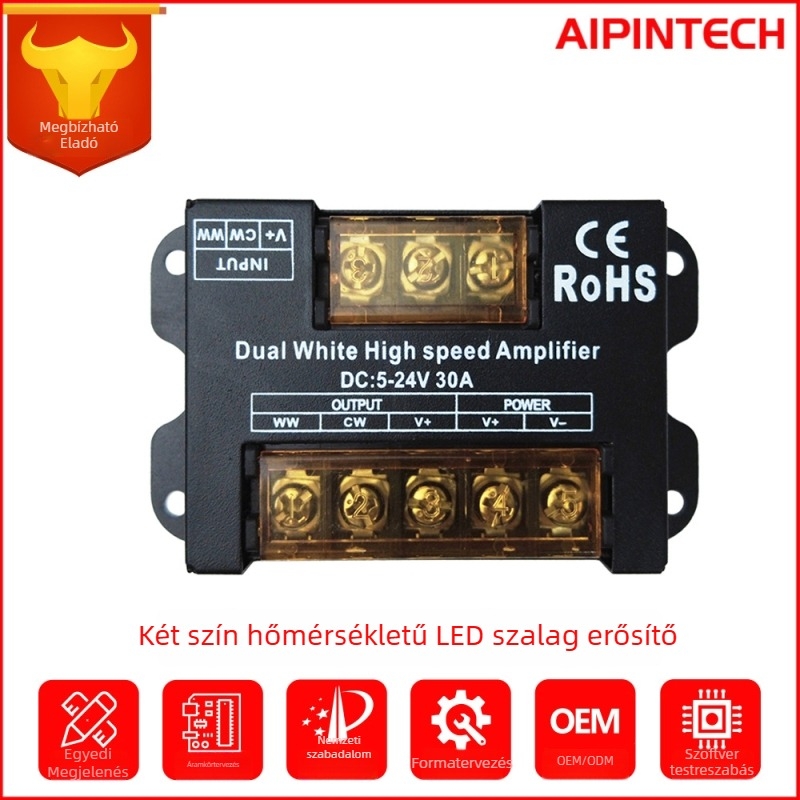 LED háromszínű jelzőerősítő két színű LED-szalagokhoz - AP-A22, 5-24V, csavaros terminál, soros/paralel kapcsolás