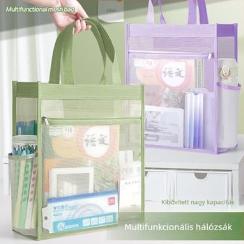 Nagy kapacitású dokumentumtáska átlátszó hálóval, cipzárral záródó, nylon anyagból, ferde alakú, diákok, irodai dolgozók és utazók számára
