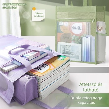 Nagy kapacitású dokumentumtáska átlátszó hálóval, cipzárral záródó, nylon anyagból, ferde alakú, diákok, irodai dolgozók és utazók számára