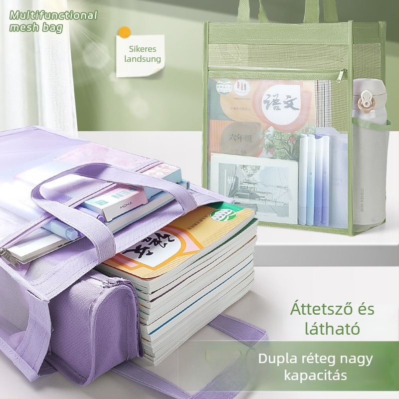 Nagy kapacitású dokumentumtáska átlátszó hálóval, cipzárral záródó, nylon anyagból, ferde alakú, diákok, irodai dolgozók és utazók számára