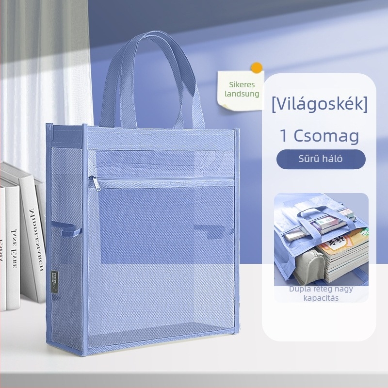 Nagy kapacitású dokumentumtáska átlátszó hálóval, cipzárral záródó, nylon anyagból, ferde alakú, diákok, irodai dolgozók és utazók számára