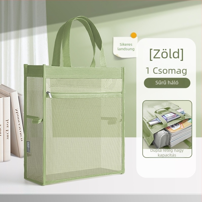 Nagy kapacitású dokumentumtáska átlátszó hálóval, cipzárral záródó, nylon anyagból, ferde alakú, diákok, irodai dolgozók és utazók számára