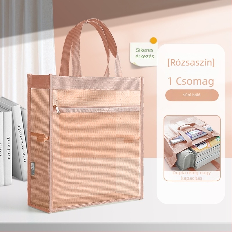 Nagy kapacitású dokumentumtáska átlátszó hálóval, cipzárral záródó, nylon anyagból, ferde alakú, diákok, irodai dolgozók és utazók számára