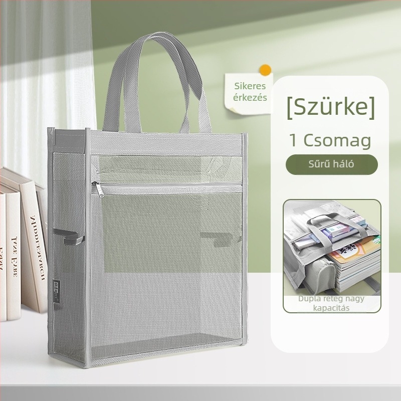 Nagy kapacitású dokumentumtáska átlátszó hálóval, cipzárral záródó, nylon anyagból, ferde alakú, diákok, irodai dolgozók és utazók számára
