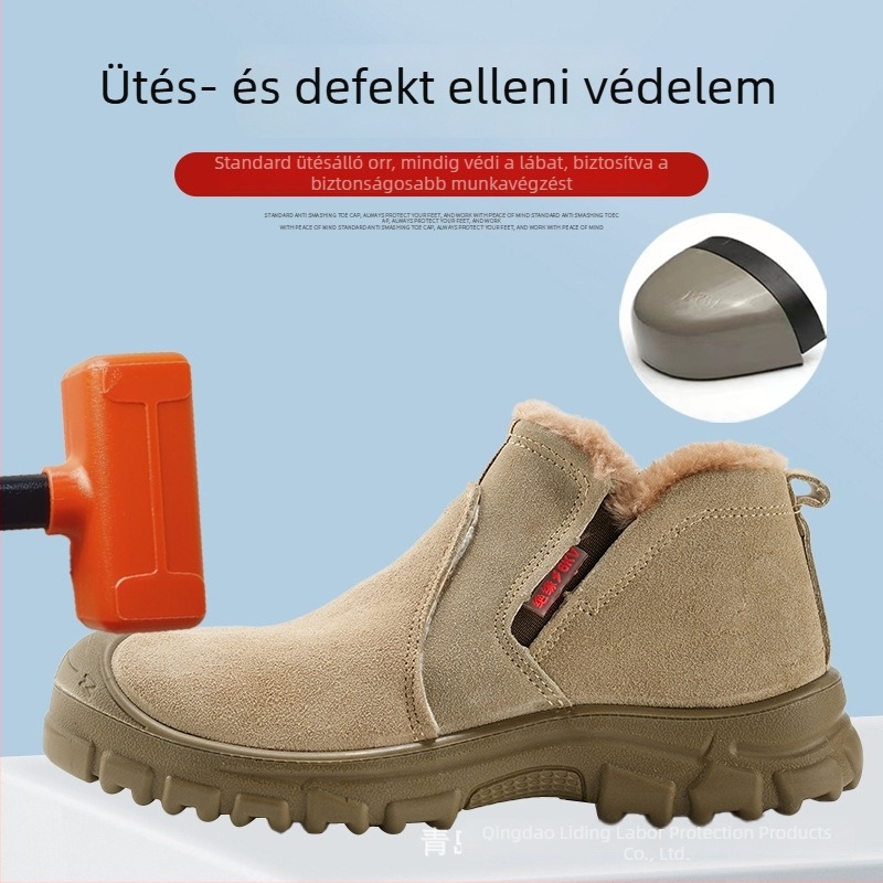 Fleece-béléses meleg munkavédelmi cipő, ütésálló és perforációálló, téli építkezési cipő, csúszásmentes talppal