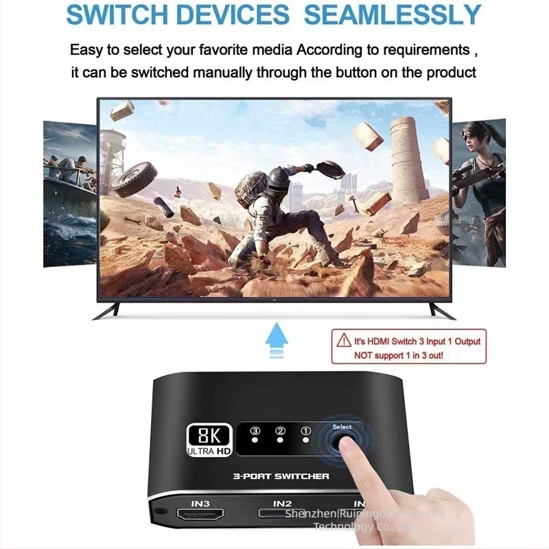 8K kapcsoló három bemenettel és egy kimenettel, HDTV verzió 2.1; Linux támogatás; 3840x2160 felbontás; távoli felébresztés; energia menedzsment; videokonferenciákhoz