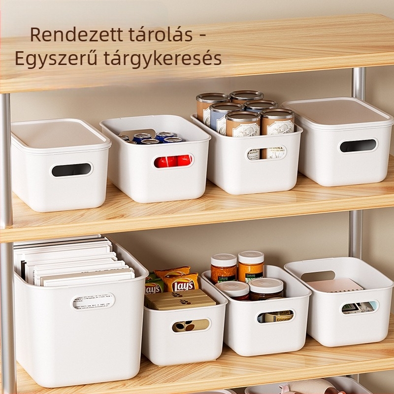 Műanyag tároló doboz fedővel, vastagított kialakítás, 2L kapacitás, kozmetikumok és apró tárgyak számára, nappaliba és gardróbba alkalmas.