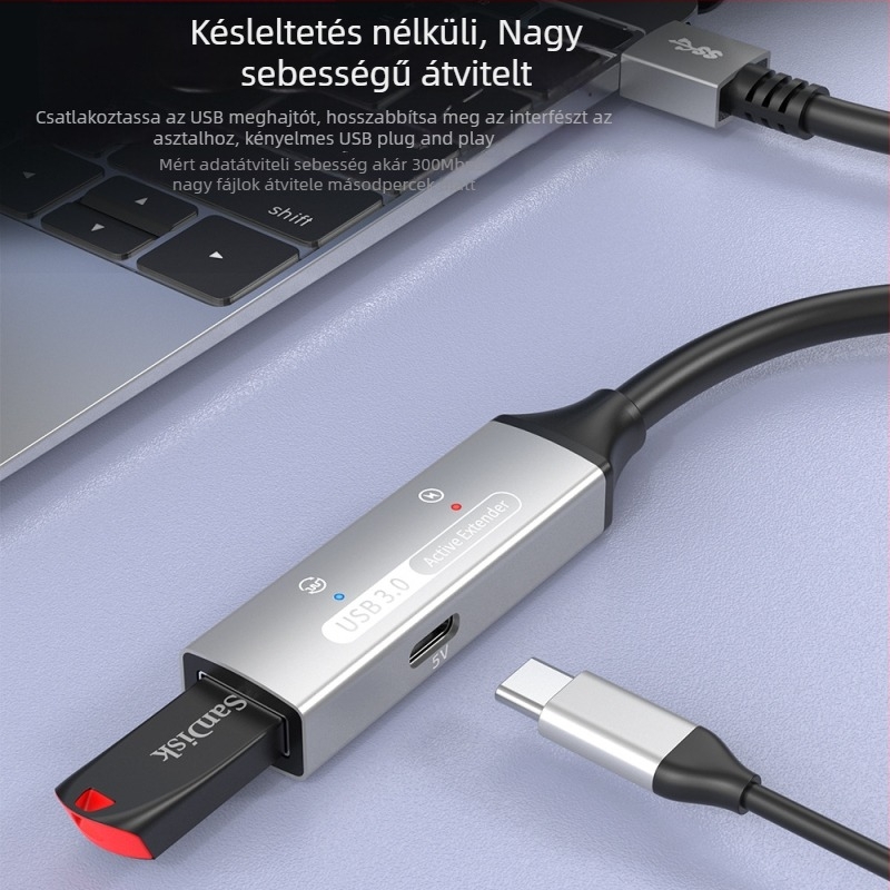 USB 3.0 hosszabbító kábel, férfi–női csatlakozó, 10 m, jelerősítővel konferenciakamerákhoz