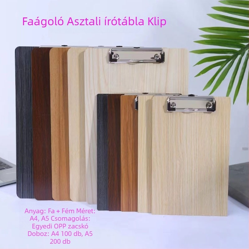 Fából készült A4/A5-ös klipboard csipesszel – iroda és iskolai kellékek, testreszabható tábla vastagság és hátoldal szélesség