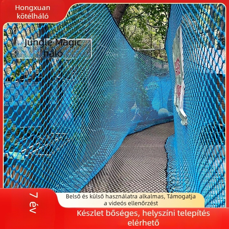 Kültéri bővülő mászó háló, csomó nélküli, hatszögletű védőháló, poliészter anyagból, mászás közbeni védelem
