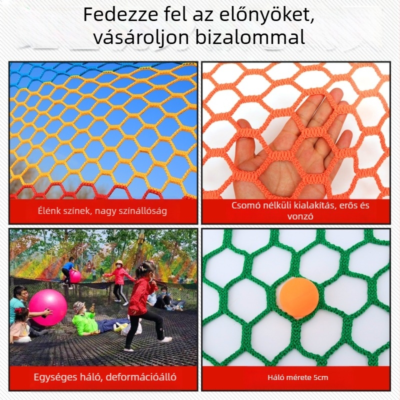 Nylon vastagított csomómentes hatszögletű háló kültéri, színes védőháló gyerekeknek, mászásra és edzésre