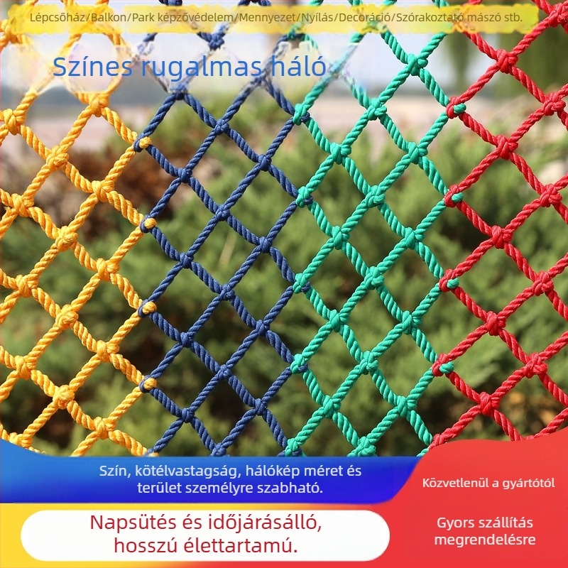 Színes nylon mászóháló játszóterekhez és szórakoztató létesítményekhez, védőháló esés elleni védelemmel, elválasztó és dekoratív funkcióval