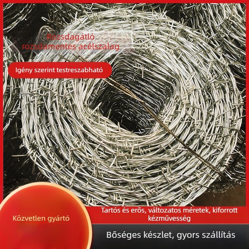 Tüskésdrótkerítés, kettős csavarodású, rozsdamentes acélból, forró galvanizálás, hossz egyedi igény szerint, anti-lopás és anti-mászás