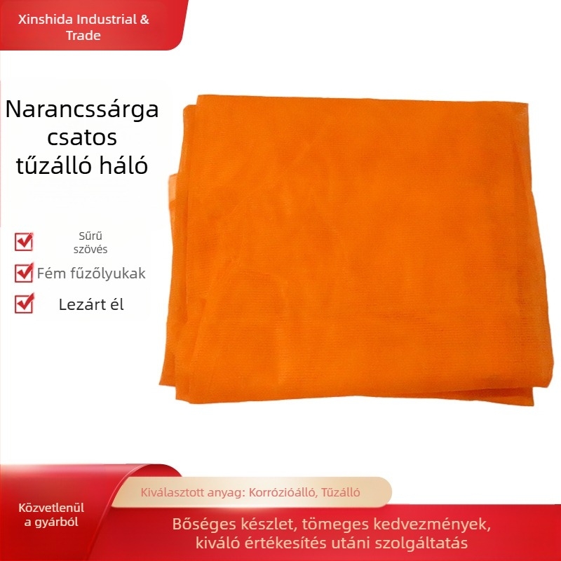 Narancssárga biztonsági lángálló háló PVC csattal és fehér szélekkel, időjárásálló, teljes mértékben PVC lángálló hálóval körülvéve