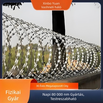 Horganyzott rozsdamentes drót kettős spirál pengékkel, védelem lopás és felmászás ellen; dupla csavarodás, bal oldali tekerés, húzóerő 500