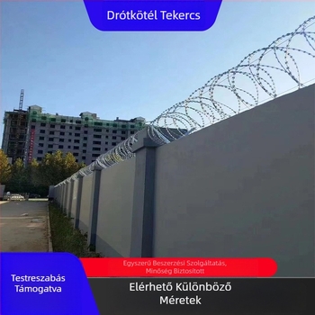 Horganyzott rozsdamentes drót kettős spirál pengékkel, védelem lopás és felmászás ellen; dupla csavarodás, bal oldali tekerés, húzóerő 500