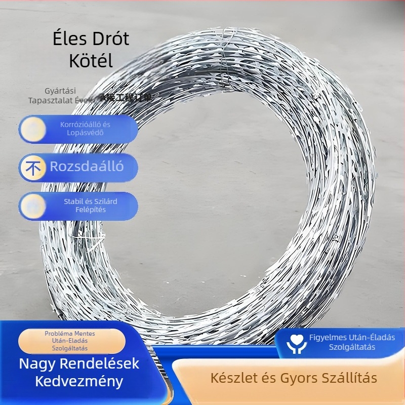 Horganyzott rozsdamentes drót kettős spirál pengékkel, védelem lopás és felmászás ellen; dupla csavarodás, bal oldali tekerés, húzóerő 500