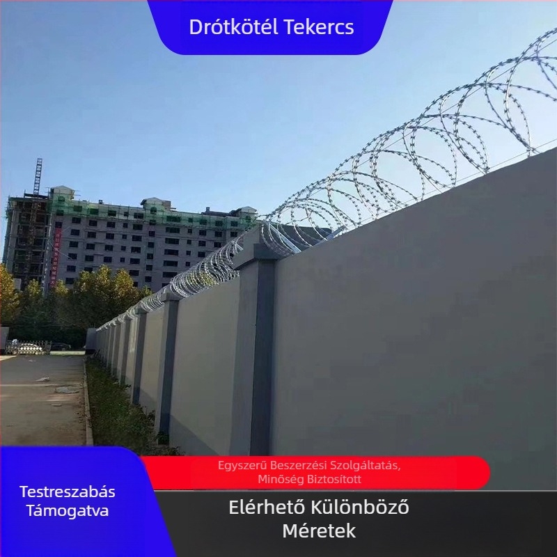 Horganyzott rozsdamentes drót kettős spirál pengékkel, védelem lopás és felmászás ellen; dupla csavarodás, bal oldali tekerés, húzóerő 500