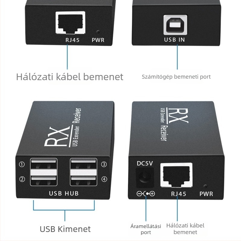USB extender 200 m – 4-portos RJ45 hub billentyűzethez, egérhez, kamerához, nyomtatóhoz és megfigyeléshez