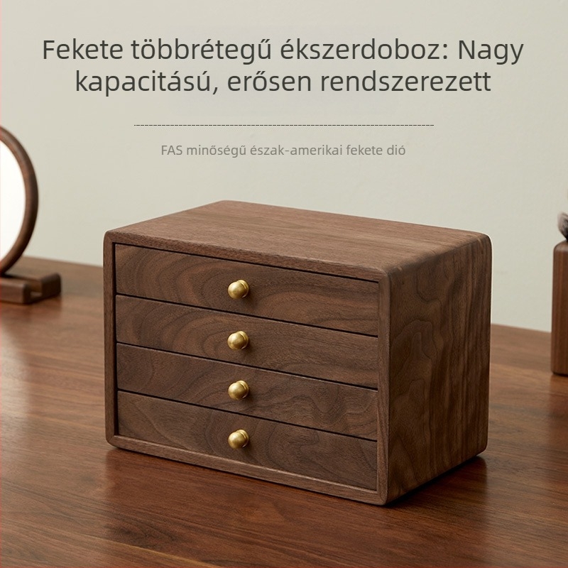 Tömörfa ékszerdoboz több fiókkal, fülbevalók és nyakláncok tárolására