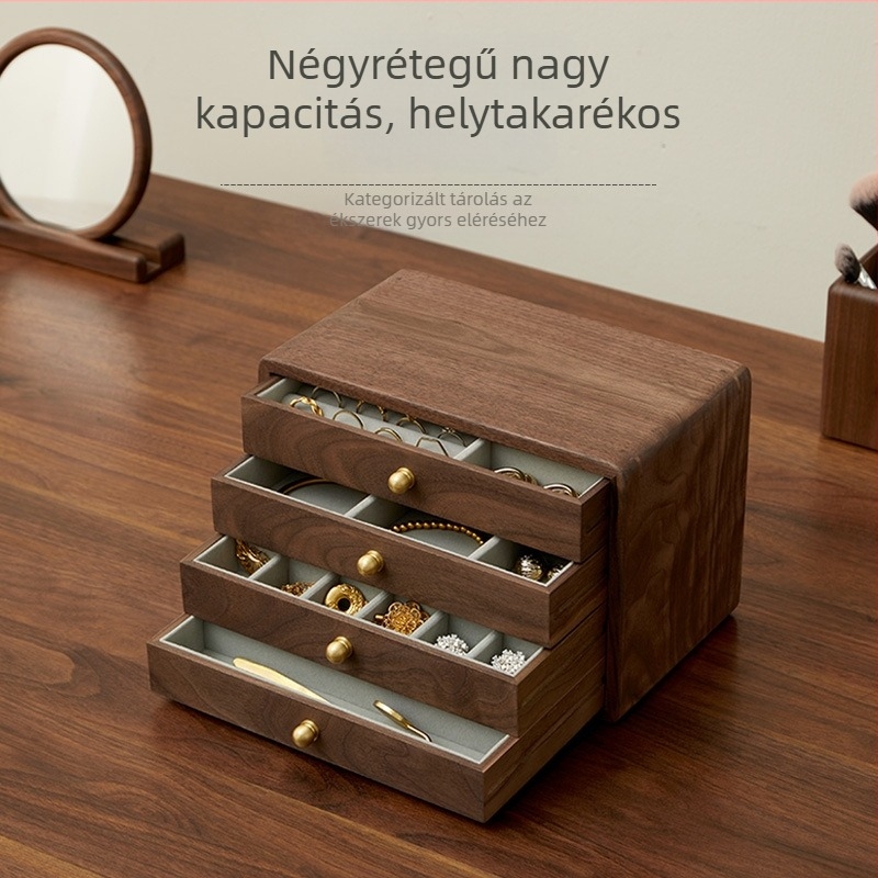 Tömörfa ékszerdoboz több fiókkal, fülbevalók és nyakláncok tárolására