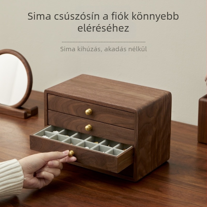 Tömörfa ékszerdoboz több fiókkal, fülbevalók és nyakláncok tárolására