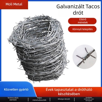 Alacsony széntartalmú galvanizált acélból készült szögesdrót kerítéshez, 1–3 mm átmérőjű, dupla csavarodású szerkezet (többszálú), forgásirány: jobb oldali, húzási szilárdság 500–1200 MPa