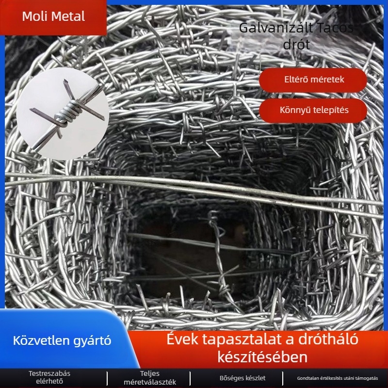 Alacsony széntartalmú galvanizált acélból készült szögesdrót kerítéshez, 1–3 mm átmérőjű, dupla csavarodású szerkezet (többszálú), forgásirány: jobb oldali, húzási szilárdság 500–1200 MPa