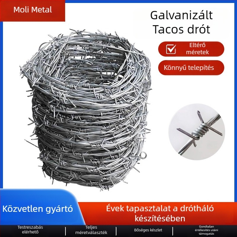Alacsony széntartalmú galvanizált acélból készült szögesdrót kerítéshez, 1–3 mm átmérőjű, dupla csavarodású szerkezet (többszálú), forgásirány: jobb oldali, húzási szilárdság 500–1200 MPa