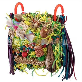 Papagáj játék madár számára, harapó és mászó háló selyemgyümölcsökkel és kukorica levelekkel