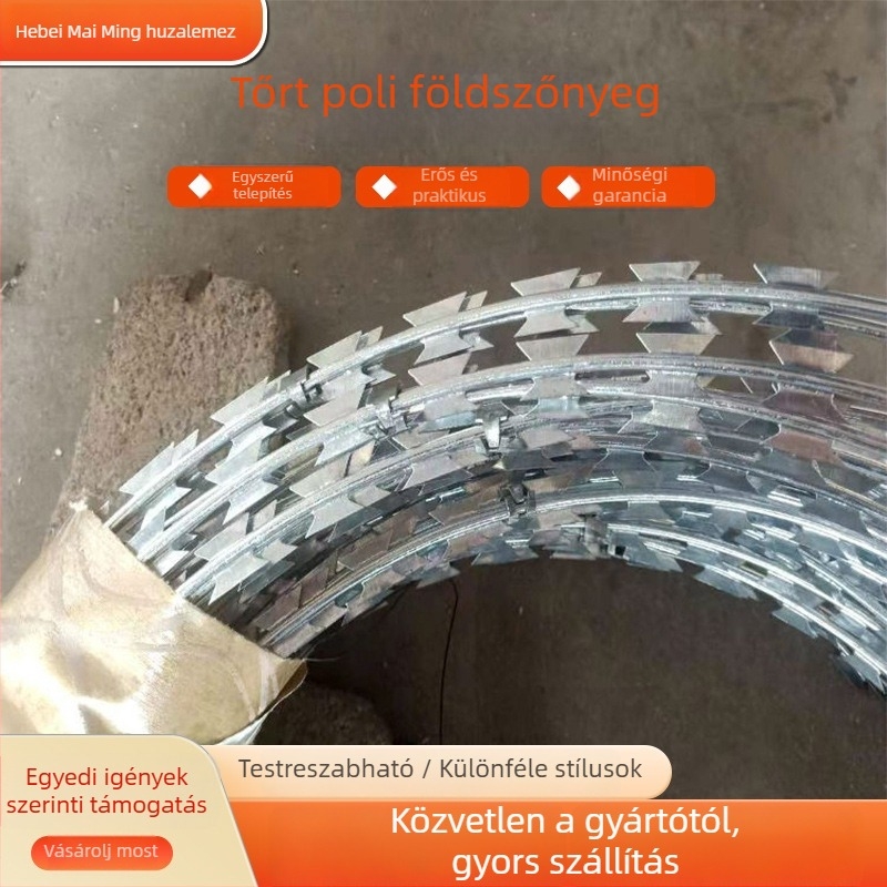 Borotva szögesdrót kerítés – Dupla csavarodás; Jobbkezes hajlítás; Nyugati stílusú elrendezés; Anyag: alacsony széntartalmú acél; Használat: anti-lopás/anti-mászás