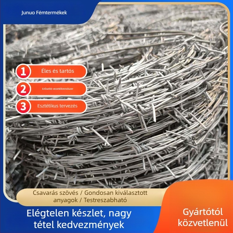 Rozsdamentes acél huzal bodro kerítés háló, anti-kapasodás elleni védőháló gyümölcsös és állattenyésztés izolációjára; dupla csavarodású, többszálú szerkezet; jobbkezes tekerés; Ø 1,7–2,8 mm; húzási szilárdság 10000