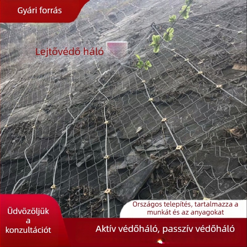 Aktív és passzív lejtővédő háló hegyvidéki területekre, talaj stabilizálására szolgáló acélhálóból készült háló, kőzetek zuhanása elleni biztonsági háló