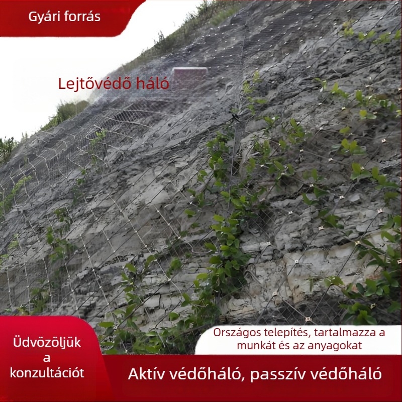Aktív és passzív lejtővédő háló hegyvidéki területekre, talaj stabilizálására szolgáló acélhálóból készült háló, kőzetek zuhanása elleni biztonsági háló