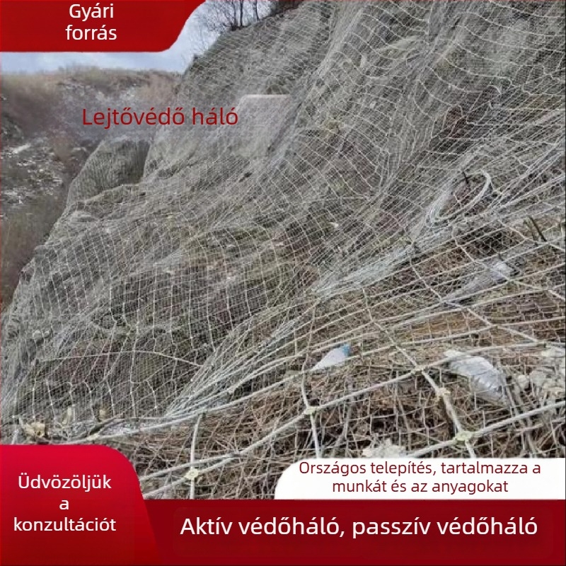 Aktív és passzív lejtővédő háló hegyvidéki területekre, talaj stabilizálására szolgáló acélhálóból készült háló, kőzetek zuhanása elleni biztonsági háló