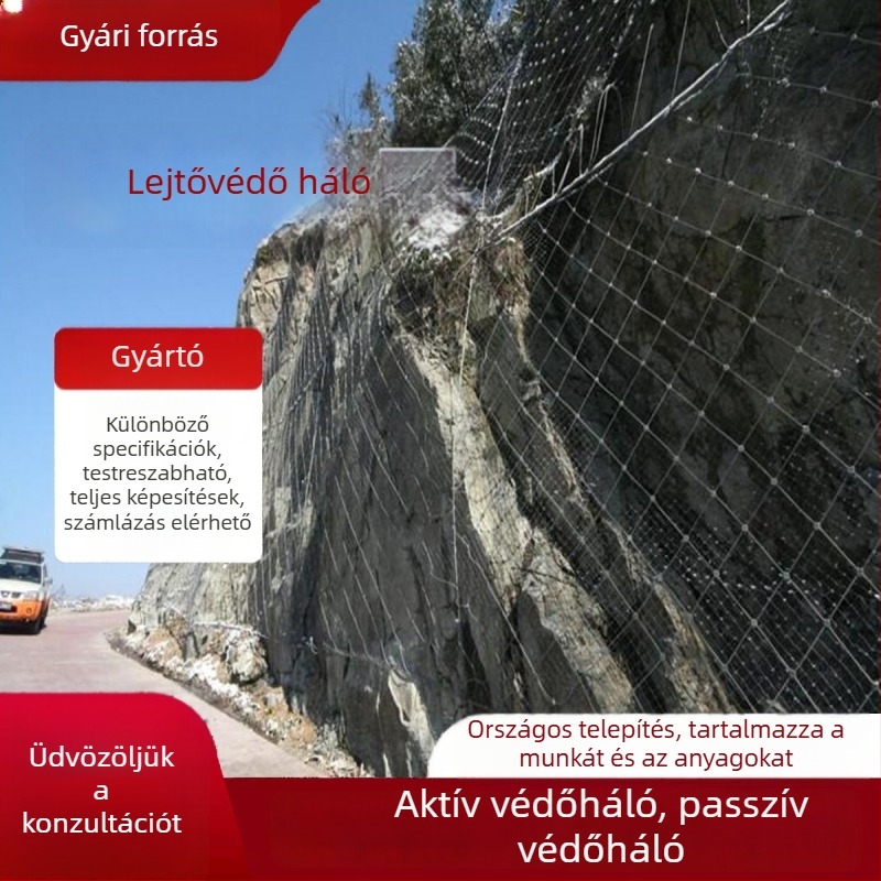 Aktív és passzív lejtővédő háló hegyvidéki területekre, talaj stabilizálására szolgáló acélhálóból készült háló, kőzetek zuhanása elleni biztonsági háló
