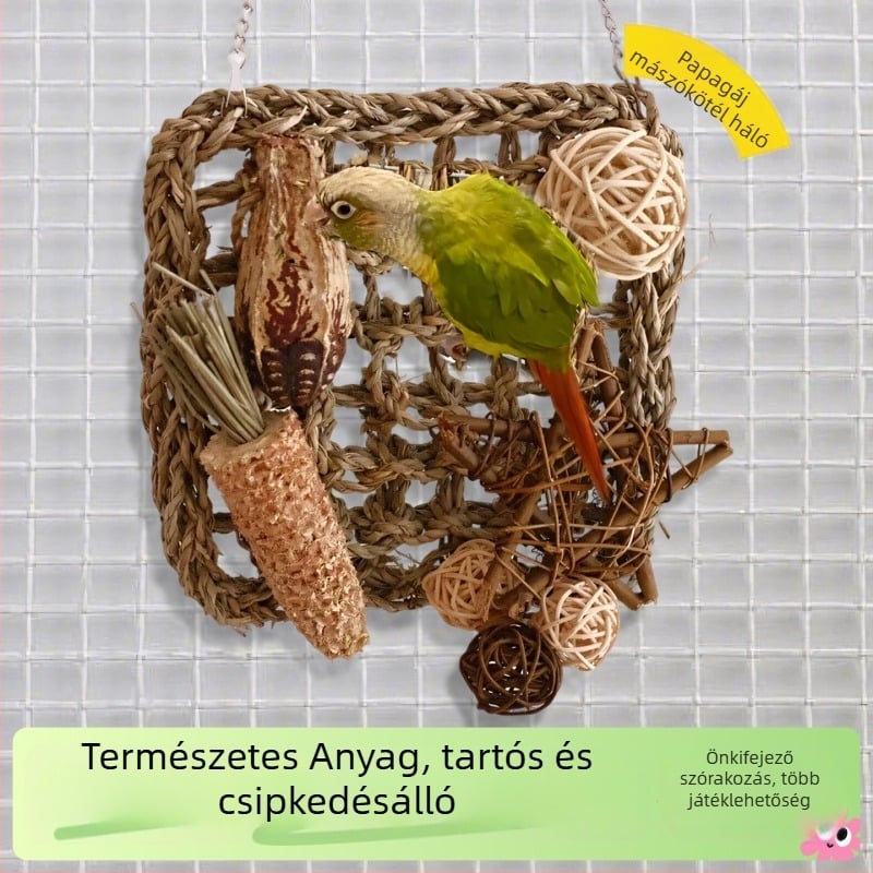 Papagájmászóhálós játékkészlet cockatiel számára – rágó játék tigermintás és peónia motívummal, teljes madárjáték-gyűjtemény