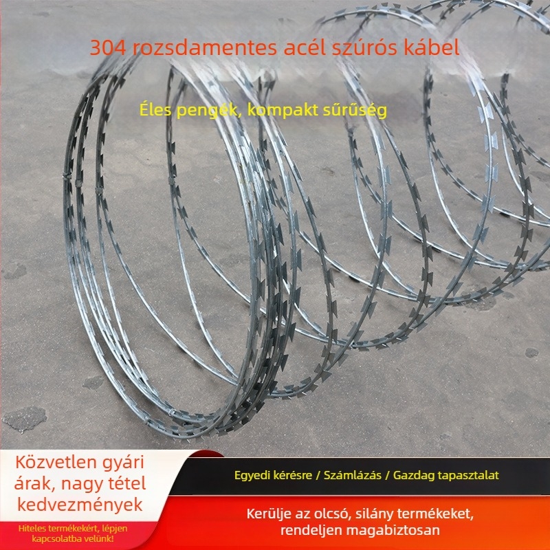 Éles pengés drótkerítés – Anyag: forró galvanizált acél és 304 rozsdamentes acél; Szerkezet: egyetlen csavarás; Elrendezés: nyugati stílus; Csavarás iránya: jobb kezes; Cél: lopás elleni, felmászás elleni