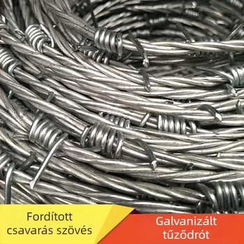 Pengés szöges drótkerítés — anyag: 304 rozsdamentes acél és galvanizált acél; átmérő 2.8 mm; szerkezet: kettős csavarodás (többszálas); elrendezés: Xilu stílus; csavarodás iránya: jobb oldali (RHRL)