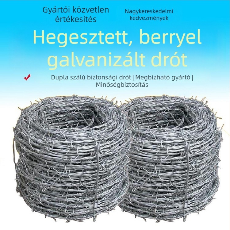 Pengés szöges drótkerítés — anyag: 304 rozsdamentes acél és galvanizált acél; átmérő 2.8 mm; szerkezet: kettős csavarodás (többszálas); elrendezés: Xilu stílus; csavarodás iránya: jobb oldali (RHRL)
