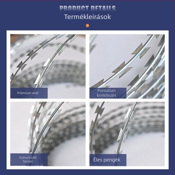 Galvanizált acél bodrodrót kerítés háló, dupla csavarodású (többszálú), jobbkezes sodrású, nyugati stílusú elrendezés, ideális a börtönfalakhoz, periméterekhez és vasúti kerítésekhez