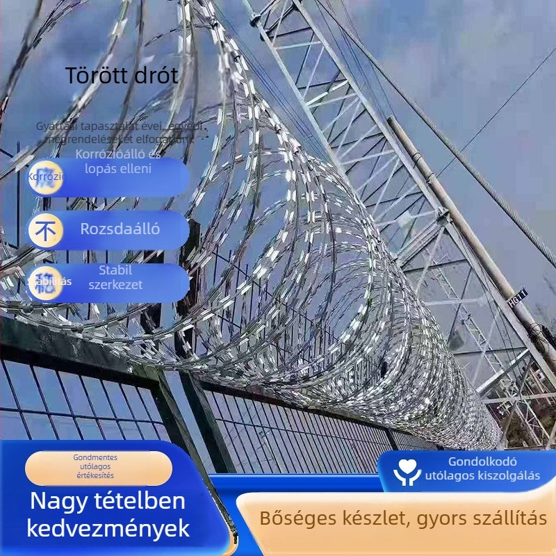 Galvanizált acél bodrodrót kerítés háló, dupla csavarodású (többszálú), jobbkezes sodrású, nyugati stílusú elrendezés, ideális a börtönfalakhoz, periméterekhez és vasúti kerítésekhez