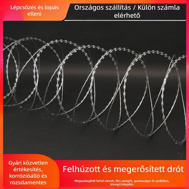 Galvanizált acél bodrodrót kerítés háló, dupla csavarodású (többszálú), jobbkezes sodrású, nyugati stílusú elrendezés, ideális a börtönfalakhoz, periméterekhez és vasúti kerítésekhez