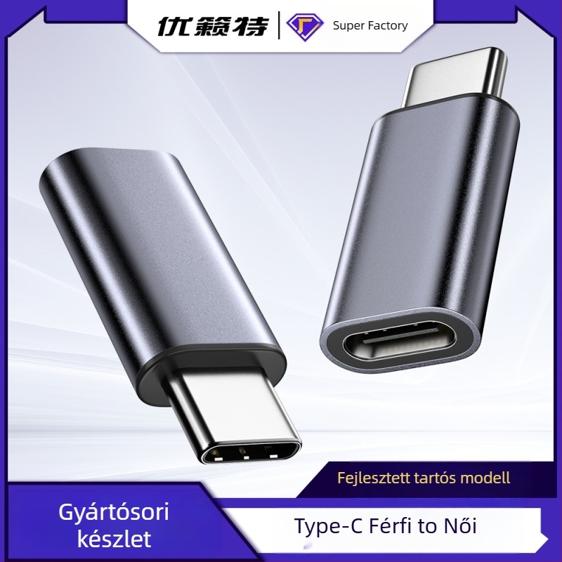 Type-C férfi–nő adapter — USB 3.2, 10 Gbps, 5A gyors töltés, Alumínium ötvözet ház a hőelvezetésért és karcolásállóságért, USB-C port védelme