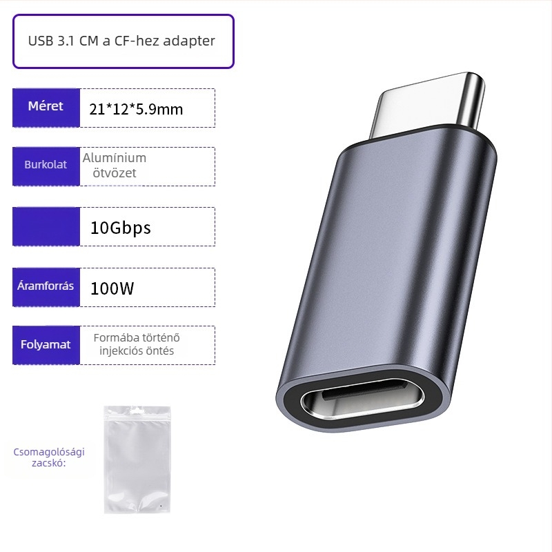 Type-C férfi–nő adapter — USB 3.2, 10 Gbps, 5A gyors töltés, Alumínium ötvözet ház a hőelvezetésért és karcolásállóságért, USB-C port védelme